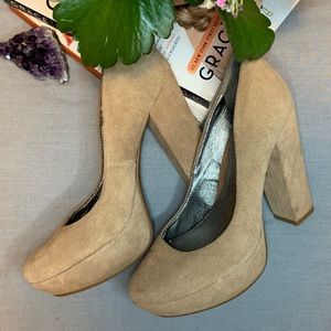 Tan Suede Platform Block Heel Pump